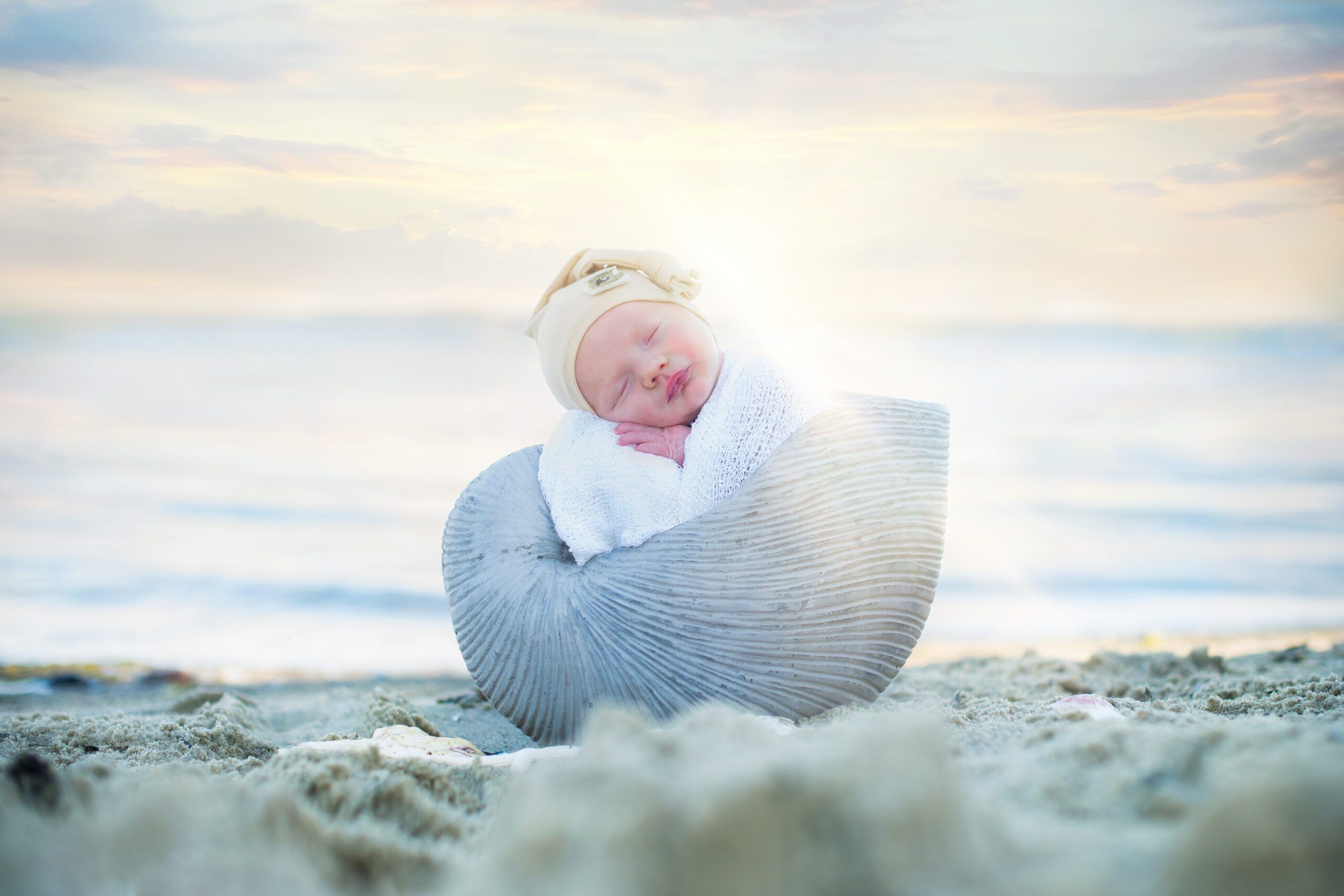 In der Mitte des Bildes steht eine große Muschel auf dem Sandstrand. In der Muschel sitzt ein Neugeborenes Baby und schläft. Im Hintergrund ist das ruhige Meer zu erkennen.